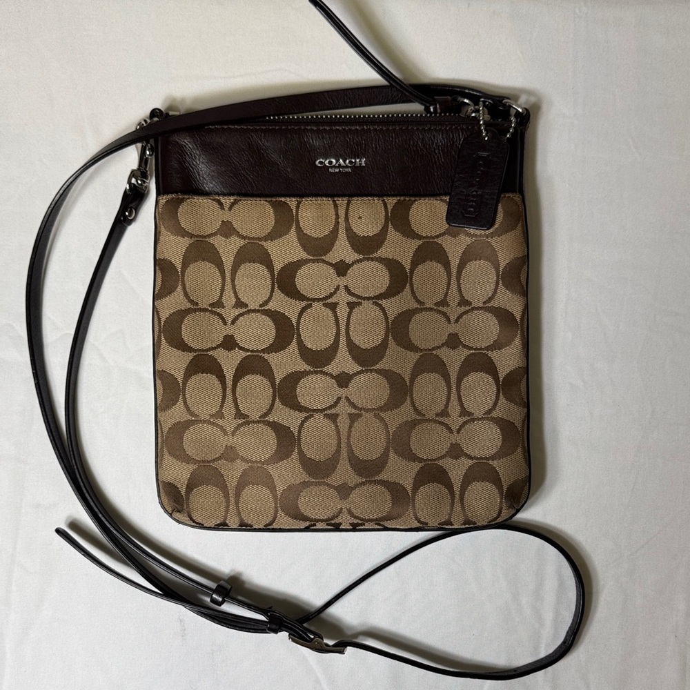 Coach Signature Brown Crossbody Bag PVC‎ Leather Trim Adjustable Strap